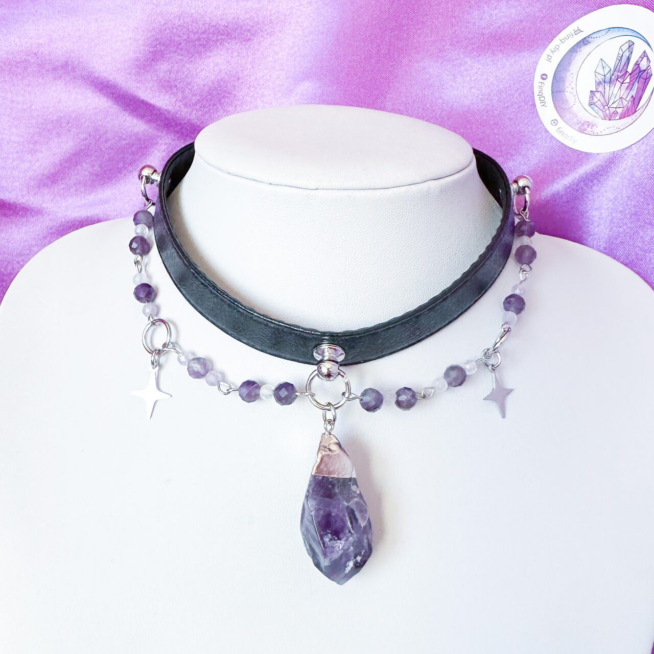 Fairycore obróżka z ametystem 5  - czarna obróżka z ekoskóry zawieszką z kamienia naturalnego